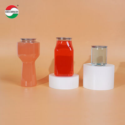 Przezroczyste puszki po napojach PET o pojemności 500 ml, przeznaczone do kontaktu z żywnością. Puste, przezroczyste puszki po soku ze zdejmowaną pokrywką